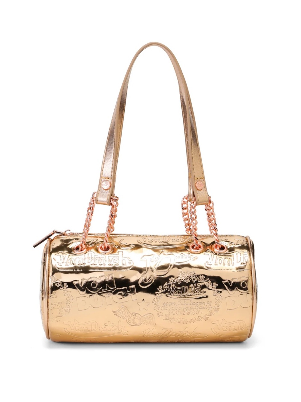 New Von Dutch Rose Print Metallic Barrel Bag